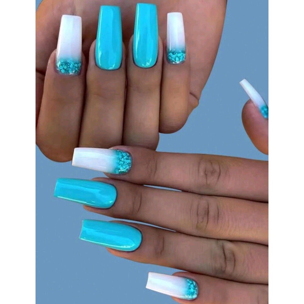 B2G1F 24-pcs. Turquoise & White Long Press On Nails